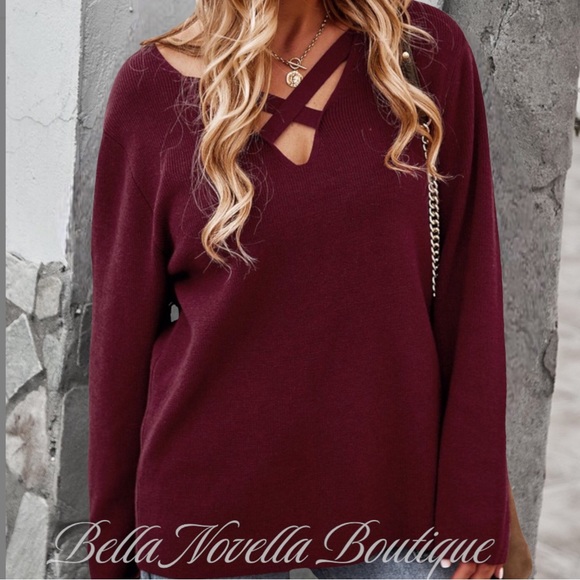 Burgundy Red Criss Cross V Neck Sweater - Picture 5 of 6